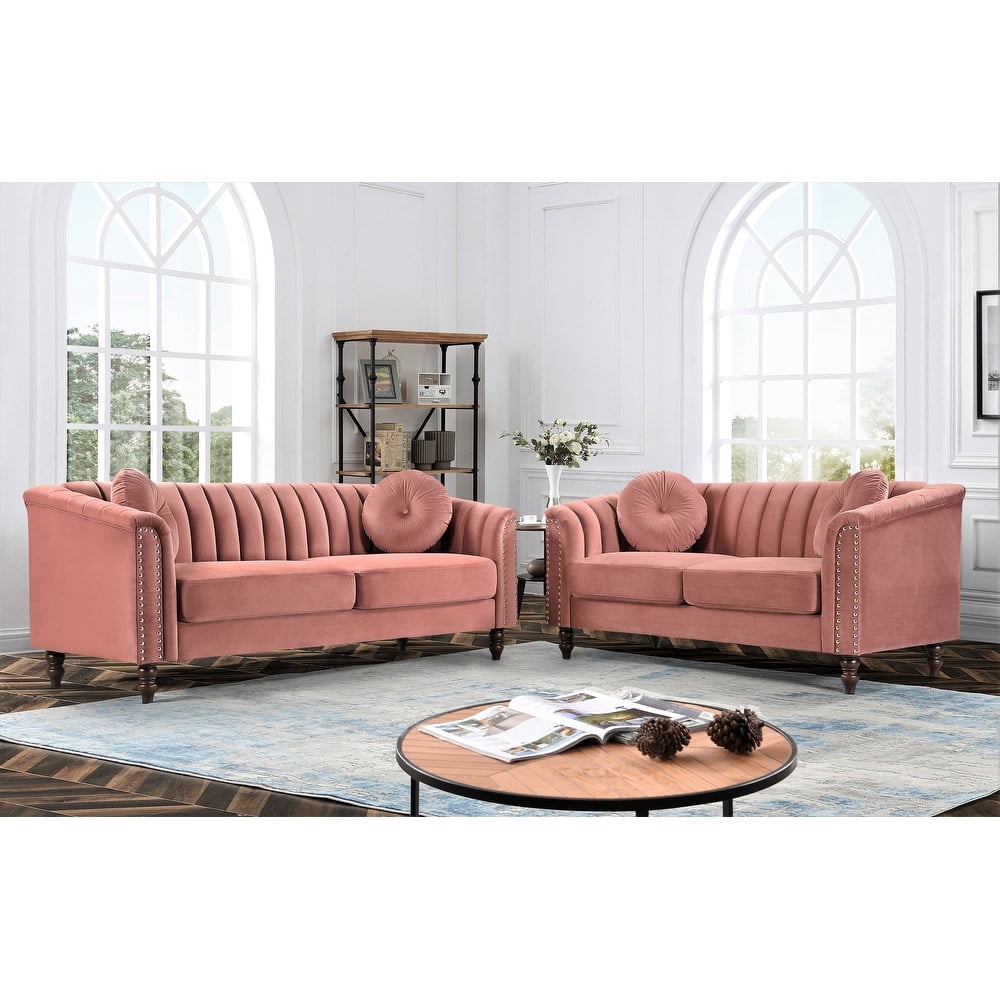 Uspridefurniture Velvet Nailhead Trim 2 Pcs Living Room Sofa, Rose