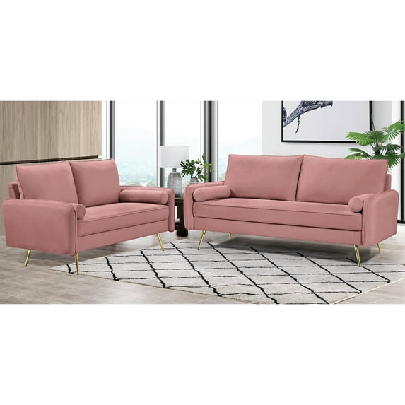US Pride Furniture Villeda Velvet 2 PCS Living Room Set, Sofa & Loveseat, Rose