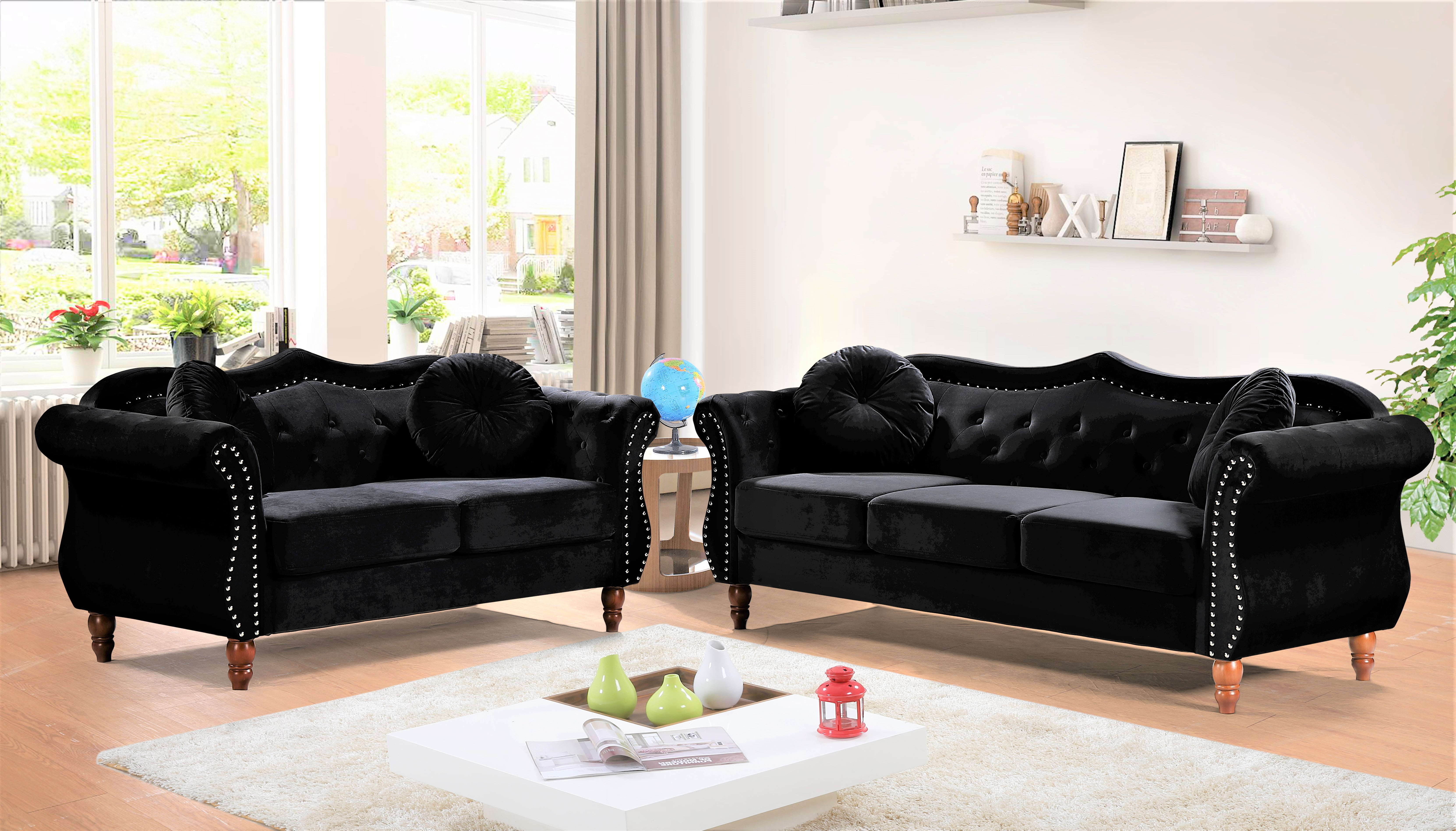 Uspridefurniture Wymore 2 Piece Velvet Living Room Set, Loveseat Sofa, Black