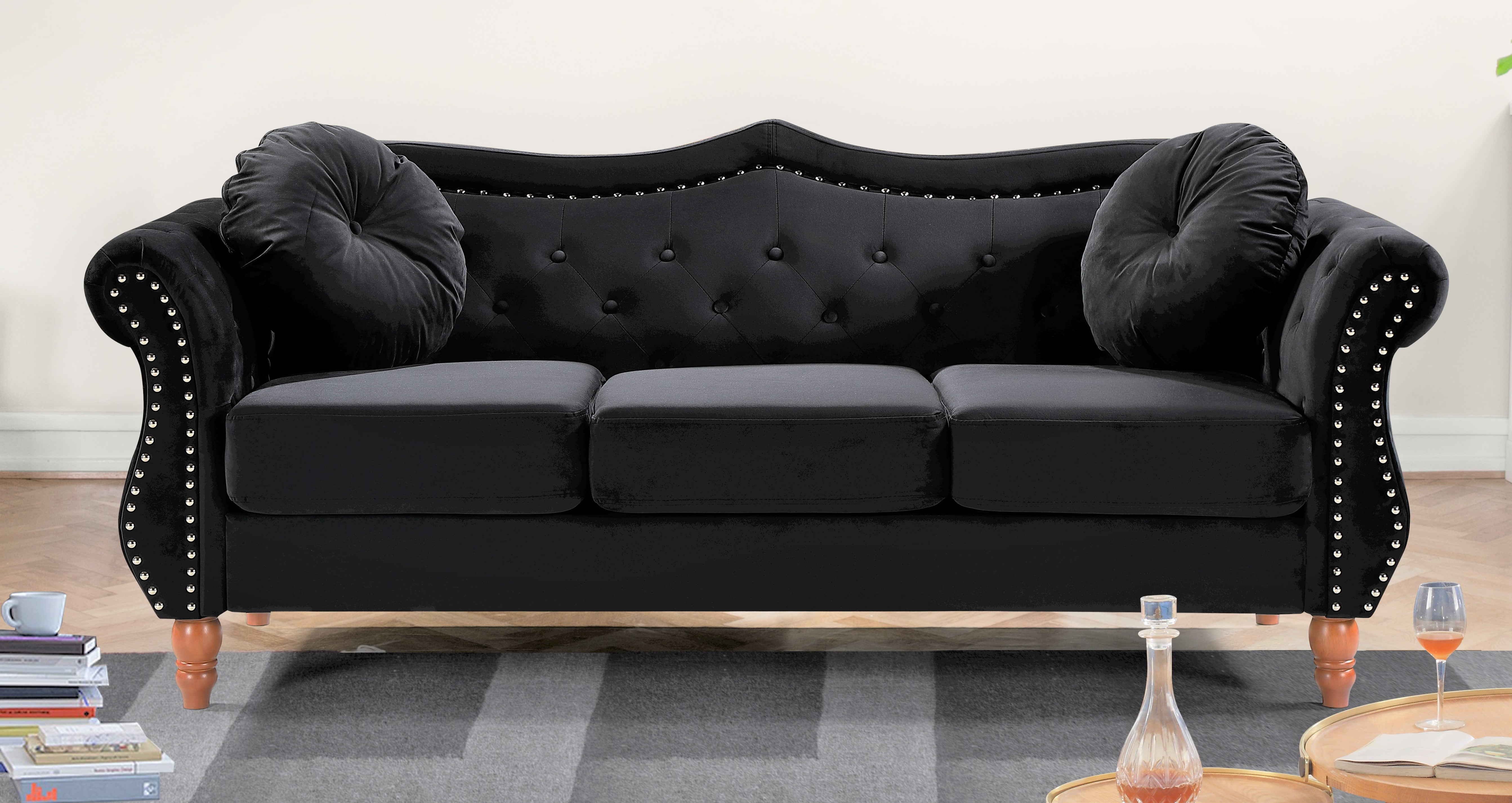 Uspridefurniture Wymore 79.5'' Velvet Rolled Arm Sofa, Black