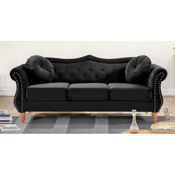 Uspridefurniture Wymore 79.5'' Velvet Rolled Arm Sofa, Black