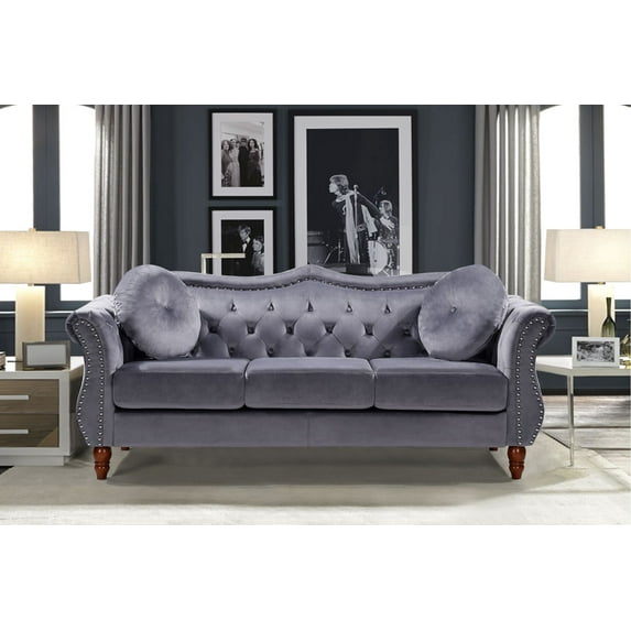 Uspridefurniture Wymore 79.5'' Velvet Rolled Arm Sofa,Gray