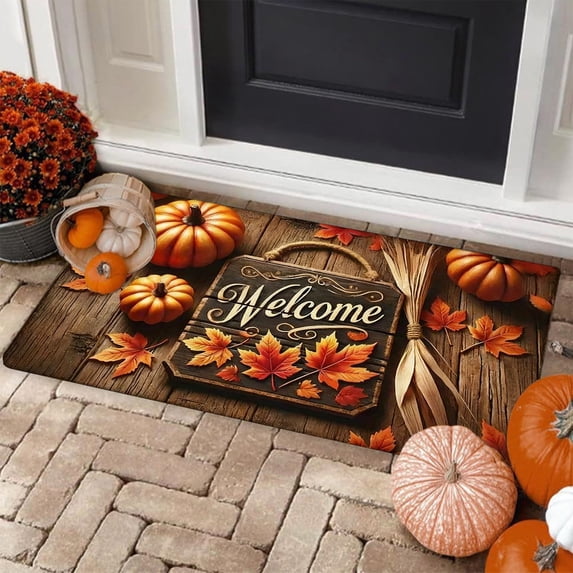 Ussitnio Fall Door Mat Rug Maple Leaf Pumpkin Halloween Thanksgiving Welcome Foot Mat for Entry Door