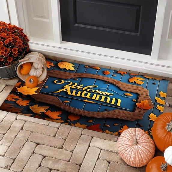 Ussitnio Fall Door Mat Rug Maple Leaf Pumpkin Halloween Thanksgiving Welcome Foot Mat for Entry Door