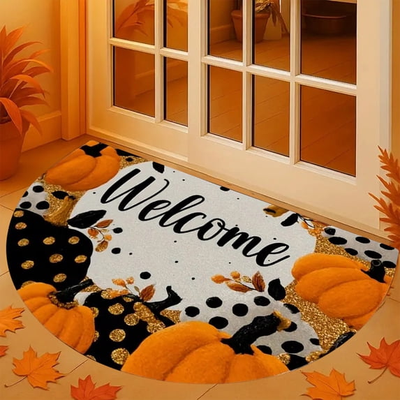 Ussitnio Fall Door Mat Rug Velvet Thanksgiving Pumpkin Half-Round Floor Mat for Entryway