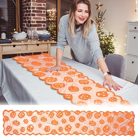 Ussitnio Halloween Table Runner Orange Pumpkin Pattern Warp Knitted Lace Runner for Tea Table Flag Decor