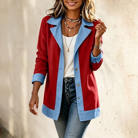 Ussuma Collared Jeans Jacket for Women Long Sleeve with Pockets Stylish Denim Jacket with Button Casual Loose Jacket Dressy Casual Go for an Outing Business XXL Red