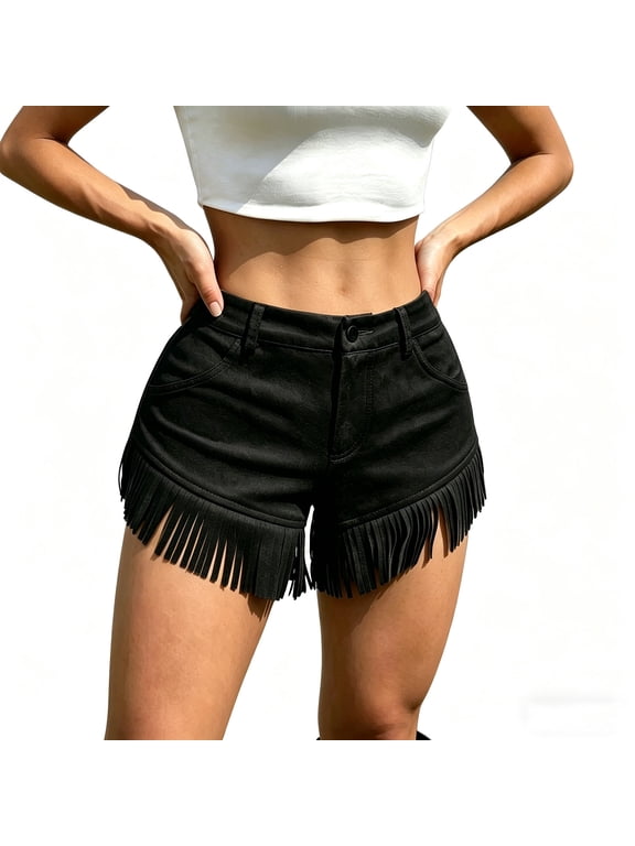 Cowboy Wind Shorts for Women Fringed Irregular Hem with Pockets Solid Color Shorts Fashion City Trendy Hot Pants Beach Outdoor Picnic Leisure Time S Black