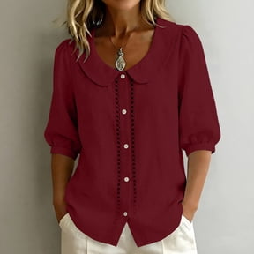 Ussuma Crew Neck Linen Elbow-Length Hollow-Out Detailing Women's Top Linen Solid Color Collared leisure Women's Top Holiday Party Camp Summer Friend Gathering S Red