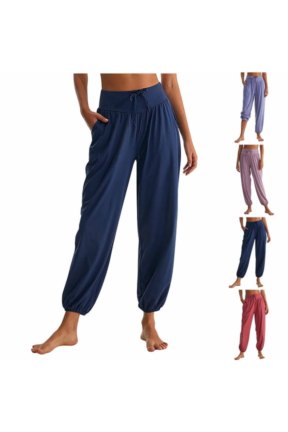 Festive Fashion Plus Size Workout Clothes Lounge Solid Color Straight-Leg High Waist Elastic Drawstring Foot Binding with Pocket Pants Yoga Athletic Pants Athletic Fit Summer Pants Navy L