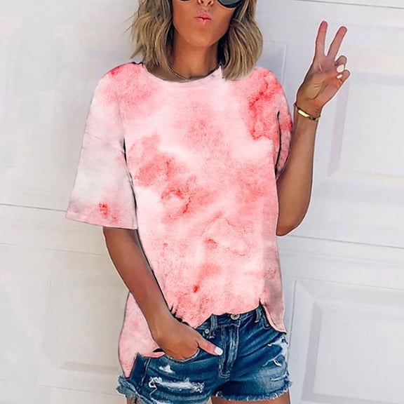 Ussuma Gradient Color Print Blouses for Women Scoop Neck Short Sleeve Loose Plus Size Vintage Fashionable Women Shirts Friend Gathering Holiday Party