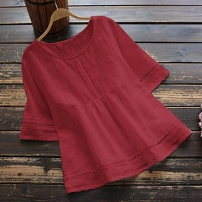 Ussuma Lace Blouses for Women Crew Neck Short Sleeve Hollow-Out Detailing Women's Top Ruffle Irregular Hem Light-Colored Top Solid Color Linen Women's Blouses Fashion City Club, Date Night & Vacation