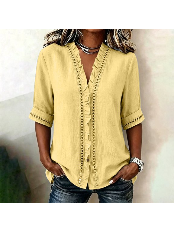Lace Blouses for Women Crochet Trim V Neck 3/4 Sleeve Button Down Shirt Slimming Fit Hollow Out Top Boho Style Blouse Ideal for Rooftop Sunsets and Lake Side Relaxation L Yellow