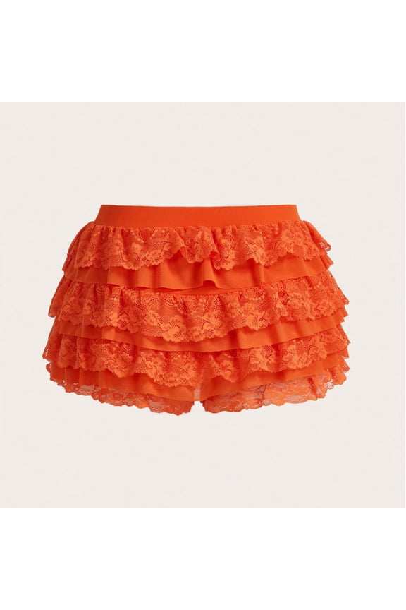 Lace Multi-Layered Bloomers for Women Ruffle Shorts Pumpkin Pants Elastic Waist Sexy Short Summer Fashion Lace Bow Solid Color Shorts Personality Weekend L Orange