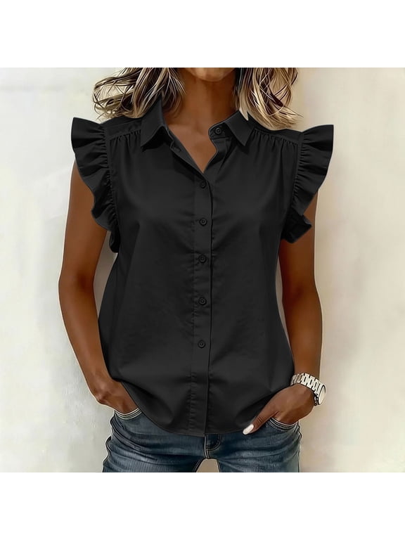 Lace Trim Embroidery Blouse Tops for Women Ruffled Flutter Sleeve Collared Button Shirt Elegant Sleeveless Top Feminine Blouse Ideal for Garden Weddings and Bridal Showers XXXL Black