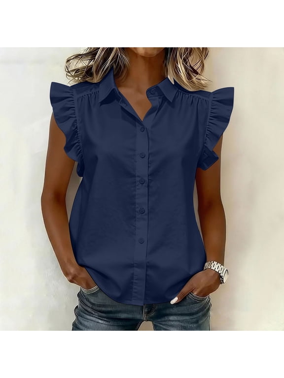 Lace Trim Embroidery Blouse Tops for Women Ruffled Flutter Sleeve Collared Button Shirt Elegant Sleeveless Top Feminine Blouse Ideal for Garden Weddings and Bridal Showers XXXL Navy