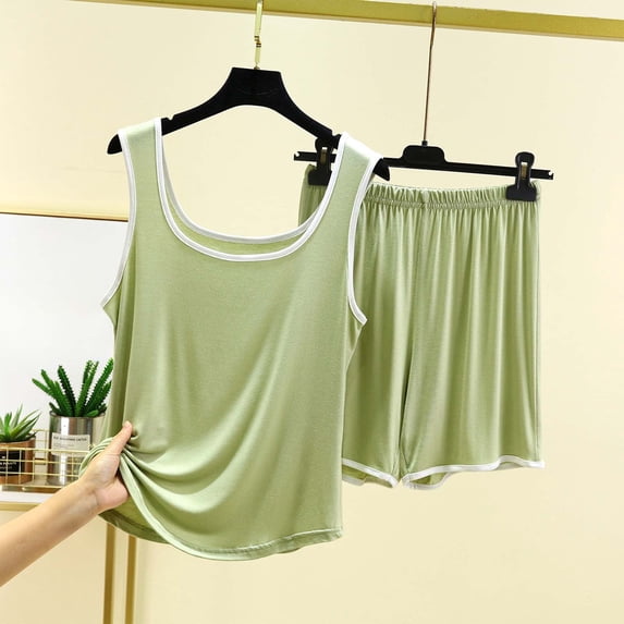 Ussuma Lounge Sets for Women Round Neck Tank Top Shorts Solid Color Soft Modal Lightweight Summer Loungewear Sleepwear for Summer Camp Adventure XL Green