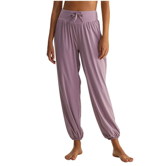 USSUMA Online Shopping Summer Pants for Women 2025 Lounging Solid Color Straight-Leg High Waist Elastic Drawstring Foot Binding with Pocket Pants Yoga Trendy Pants Regular Fit Jegging Purple L