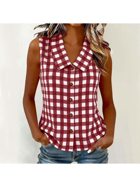 Plaid Shirts for Women Checkered Print Collared Sleeveless Button Down Linen Blouse Casual Vintage Style Top Perfect for Countryside Outings and Fall Harvest Festivals XXL Wine