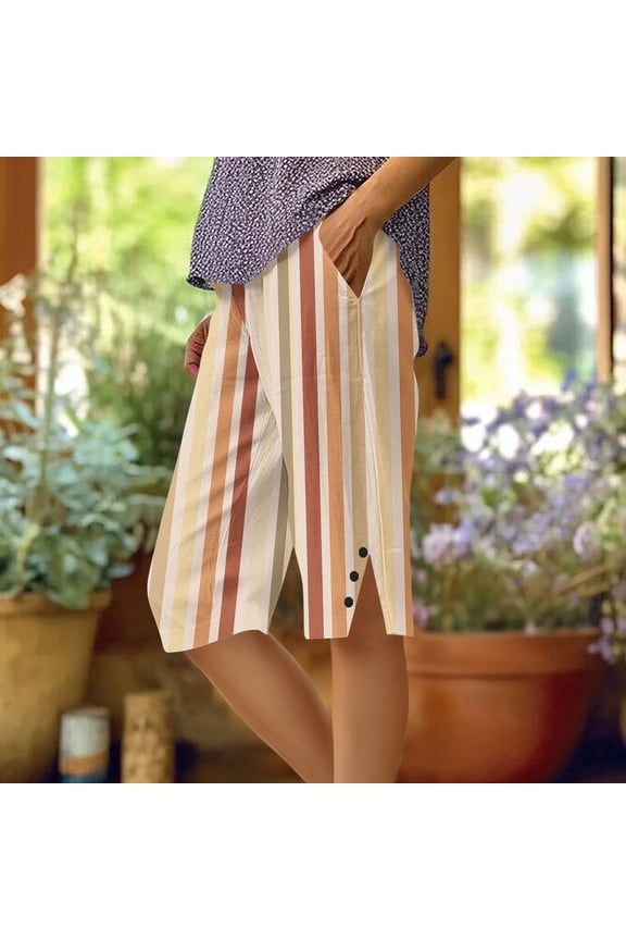 Pure Cotton Straight Leg Shorts for Women Split with Pockets Elastic Waist Striped Shorts Fashion City Breathable Fashion Thin Shorts Gifts Run Beach L Khaki