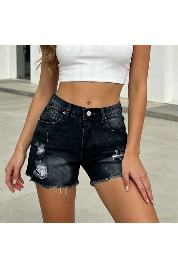 Ripped Jeans Womens with Button Fringed Jeans for Women with Pockets Elastic Waist Fashion Trendy Jeans Party Date Daliy Wear S Black