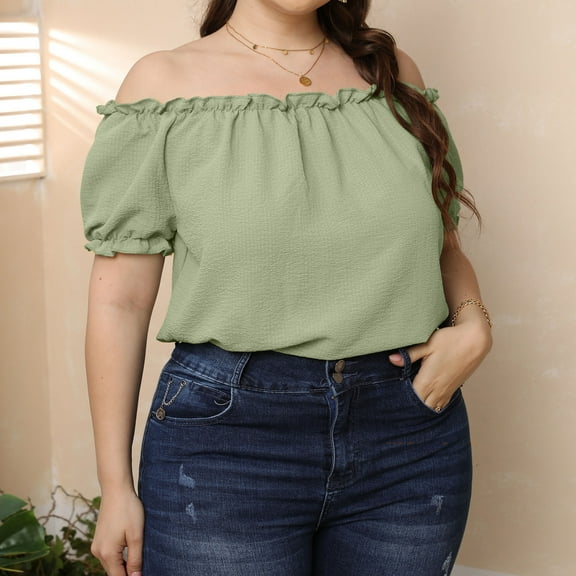 Ussuma off The Shoulder Tops for Women Womens Tops Women'S Tops Large Solid Color Short Sleeve Straight Neck off Shoulder Shirt Tops Up to 45% off Solidcolor