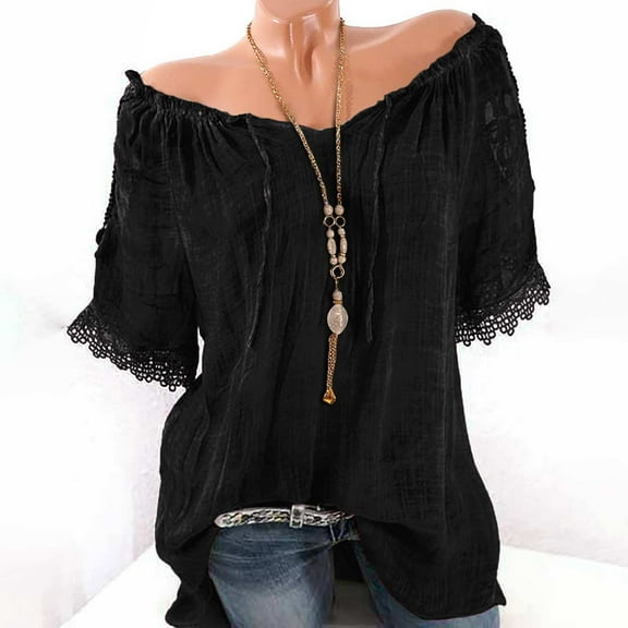Ussuma off The Shoulder Tops for Women Workout Tops for Women Women Casual Cold off Shoulder Lace Neck Plue Size Tops Shirt Blouse Festival Gift Solidcolor