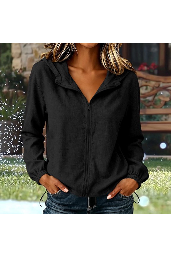 Solid Color Hooded Coats for Women with Pockets Simple and Comfortable Zip Jacket Lightweight Autumn Fashion Work Weekend Go for an Outing XL Black