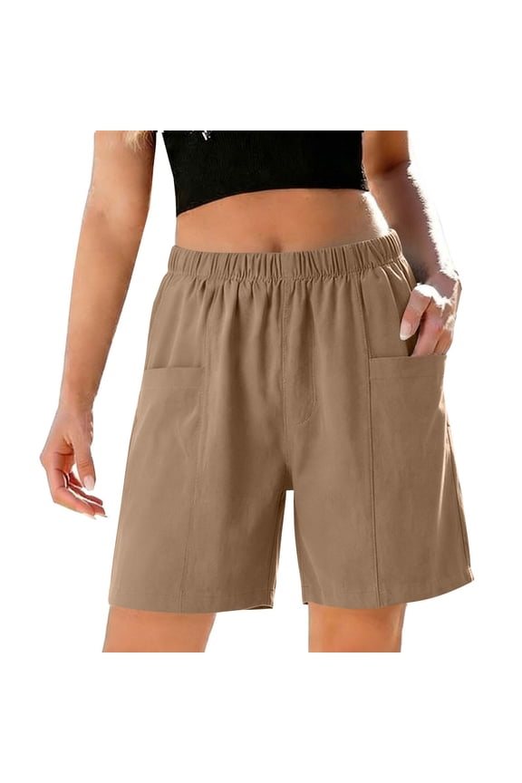 Straight Leg Shorts for Women with Pockets Solid Color Elastic Waist Shorts for Women Comfortable Personality Family Dinner Party Date Outdoor Outdoor Picnic S Khaki