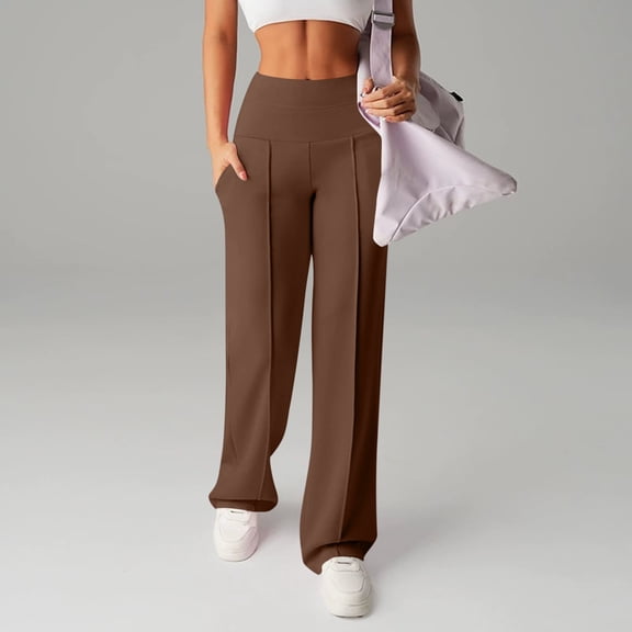 Ussuma Stretch Wide Leg Pants for Women Solid Color with Pockets High Waist Seamless Yoga Pants Tummy Control Lightweight Slimming Gym Pants Yogo Hiking Pilates Play Golf XXL Brown