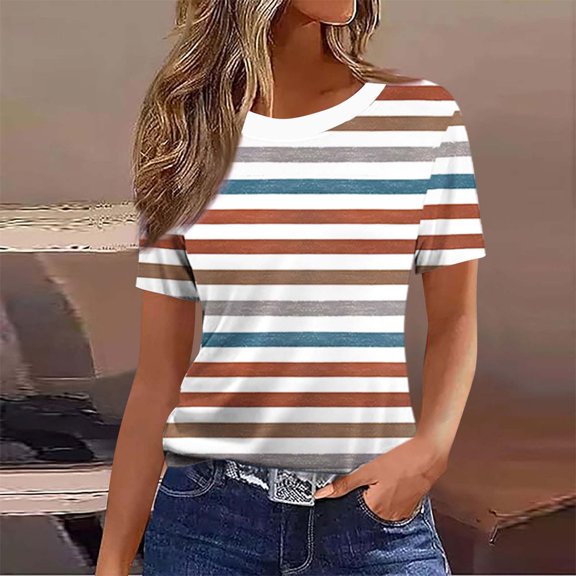 Ussuma Striped Shirt for Women Crew Neck Short Sleeve Print Blouses Fashion City Simple and Comfortable Holiday Party Family Dinner Party Go for an Outing M Brown