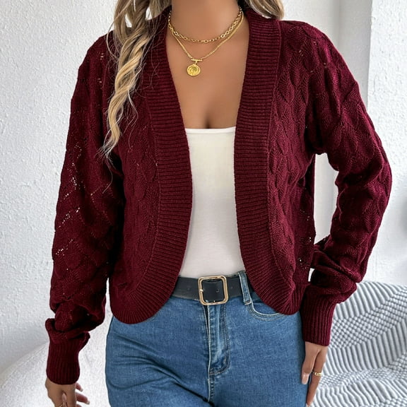 Ussuma Sweater Cardigan Women Knit Tops for Women Long Sleeved Open Front Coats Solid Color Casual Loose Fit Outerwear Ladies School Fall Tops Wine