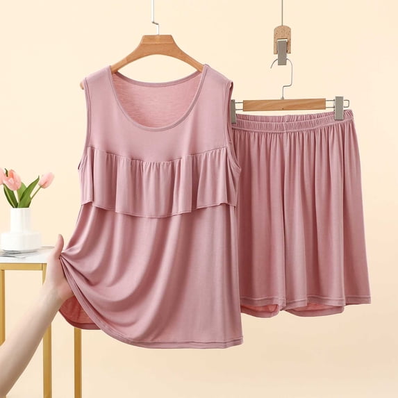 Ussuma Two Piece Sets for Women Round Neck Sleeveless Tank Shorts Ruffle Hem Soft Modal Lightweight Summer Cute Sleepwear XL Pink