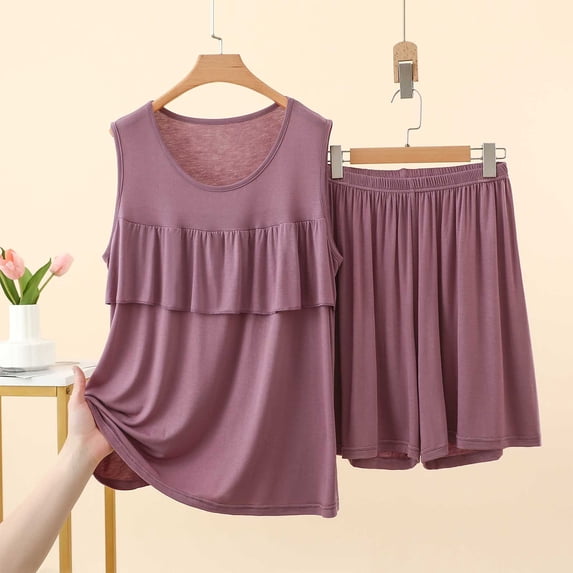 Ussuma Two Piece Sets for Women Round Neck Sleeveless Tank Shorts Ruffle Hem Soft Modal Lightweight Summer Cute Sleepwear XXL Purple