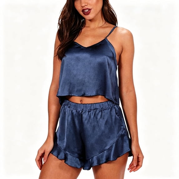 Ussuma Two Piece Sets for Women Sleeveless Camisole with Pockets Ruffle Hem Shorts Solid Color Comfortable Sleepwear for Home M Navy