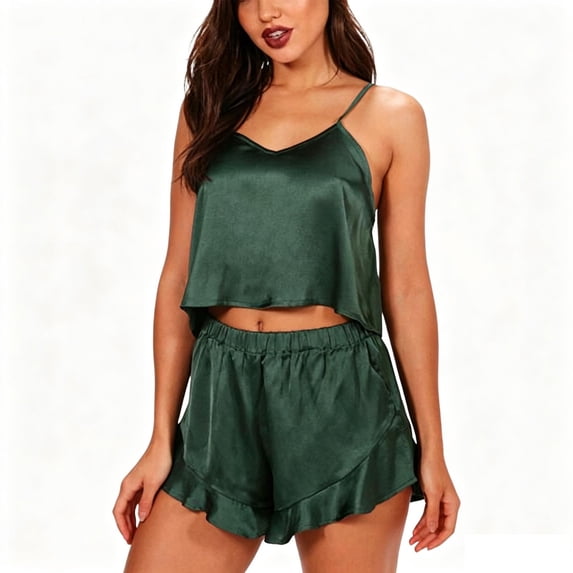 Ussuma Two Piece Sets for Women Sleeveless Camisole with Pockets Ruffle Hem Shorts Solid Color Comfortable Sleepwear for Home S Green