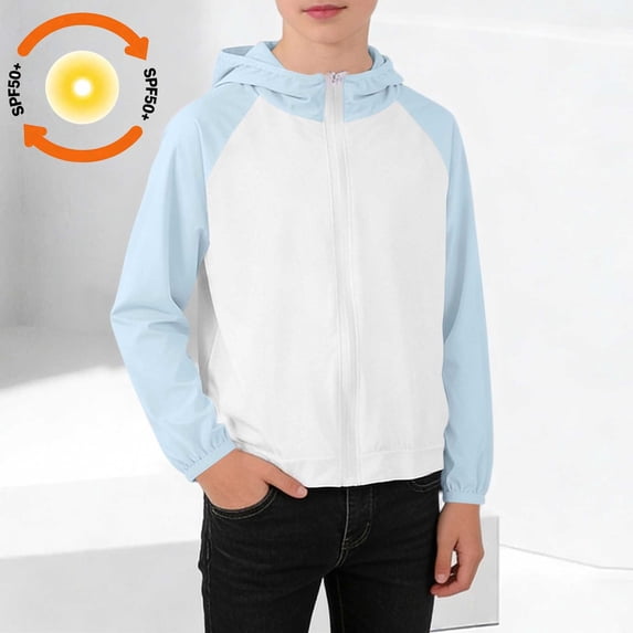 Ussuma UPF50+ Kids Sunscreen Jacket Color Block Long Sleeve Zipper Breathable Skin Friendly Anti UV Outerwear Durable Casual Coat for Outdoor Sports 14-15 Years Blue