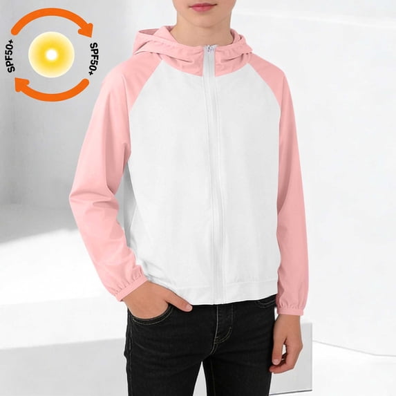 Ussuma UPF50+ Kids Sunscreen Jacket Color Block Long Sleeve Zipper Breathable Skin Friendly Anti UV Outerwear Durable Casual Coat for Outdoor Sports 14-15 Years Pink