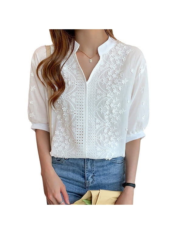V-Neck Eyelet Lace Light-Colored Top for Women Elbow-Length Solid Color Lace Blouses for Women Elegant and Intellectual Vintage Fashionable Women Shirts Vacation Date Wedding L L
