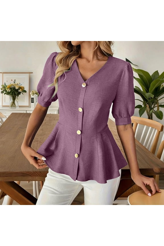 V-Neck Puff Sleeve Women Peplum Tops and Blouses Ruffle Hem with Button Solid Color Slim Fit Women's Top Elegant and Intellectual Fashion City Party Work Beach XL XL