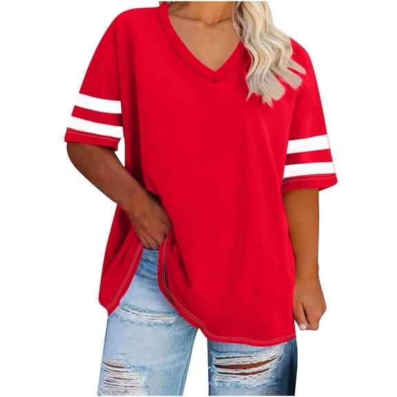 Ussuma V-Neck Striped Shirt for Women Short Sleeve Solid Color Loose Women's Blouses Pullover Blouse Comfortable Casual Home Beach Holiday Party