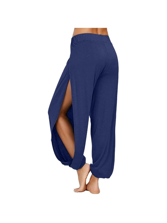 Wide Leg Pants for Women Solid Color Side Split Elastic Waist Lightweight Palazzo Pants Soft Leisure Fashion Summer S Dark Blue