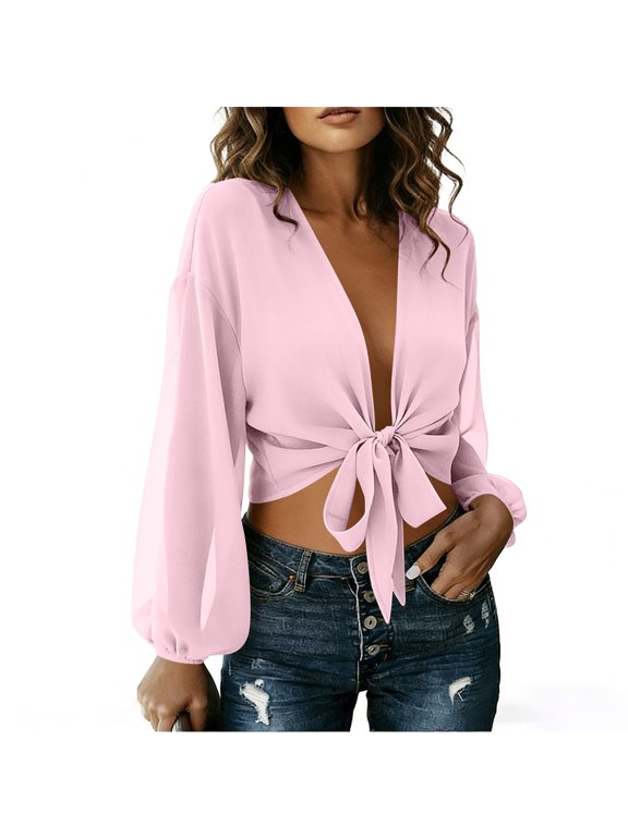Women's Chiffon Crop Top Blouses Deep V Tie Front Long Puff Sleeve Cropped Top Lightweight Sheer Blouse Shirt Ideal for Beach Cover Up and Summer Vacation Wear M Pink