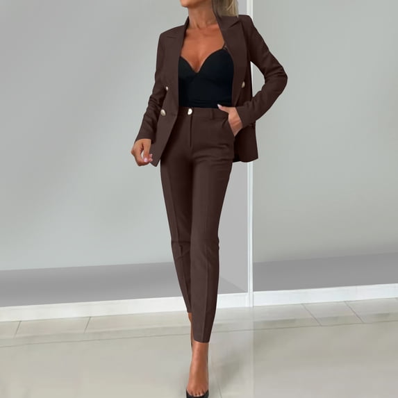 Ussuma Women's Two Piece Sets Pants Suits Dressy Business Casual Outfits Professional Blazer Pantsuits Set Work Office Fashion City Work Intellectual L Coffee