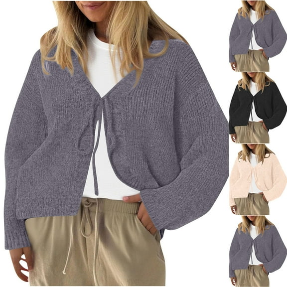Ussuma Womens Cardigan Sweater Tops for Women Long Sleeved Tie Coats Solid Color Fashion Loose Fit Outerwear Lady Festival Fall Tops Beige