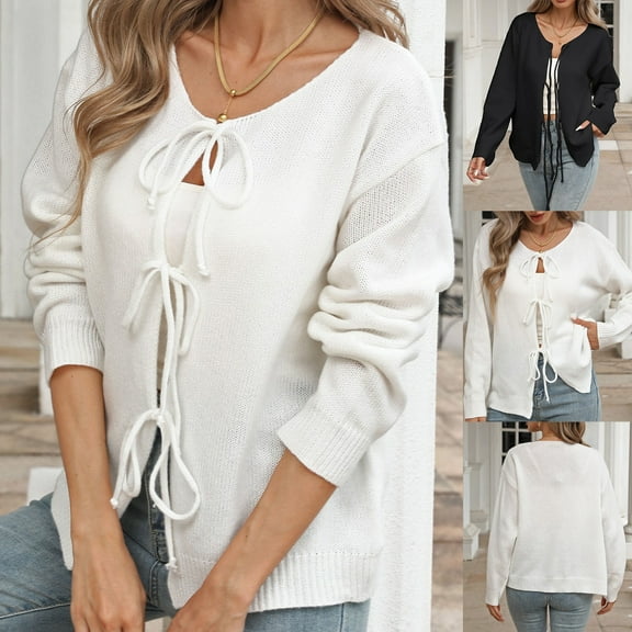 Ussuma Womens Cardigans Sweaters Sweater Tops for Women Crewneck Long Sleeved Tie Coats Solid Color Fashion Loose Fit Outerwear Lady Party Fall Tops Black