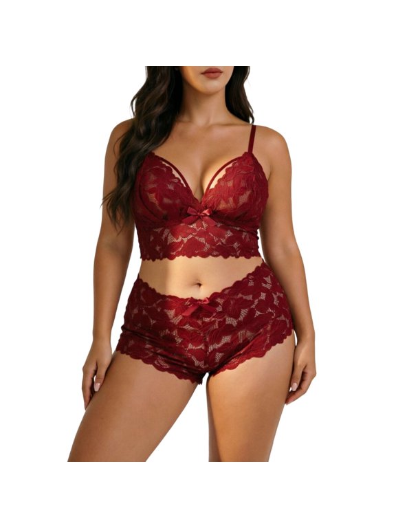 Womens Pajamas Lace Bra Set Perspective Soft Bow Camisole and Lace Shorts Lightweight Summer Sleepwear Lingerie Plus Size Home Wear for Confidence Couture S Wine