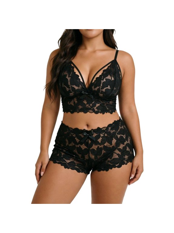 Womens Pajamas Lace Bra Set Perspective Soft Bow Camisole and Lace Shorts Lightweight Summer Sleepwear Lingerie Plus Size Home Wear for Confidence Couture S Black