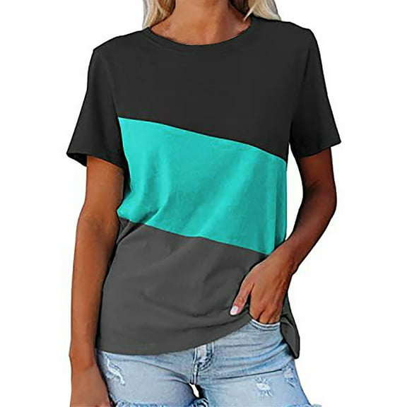 Ussuma Womens Summer Tops Fashion Women'S Summer Round-Neck Short Sleeve Print Casual T-Shirt Blouse Summer Saving Crew Neck T Shirts for Womens Tops Round-Neck Solidcolor