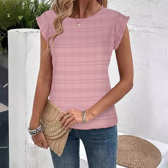 Ussuma Womens Tops Dressy Casual Women'S Spring Summer Linen Casual Short Sleeves Round-Neck Solid Color Blouse Loose Tops Summer Saving Crew Neck T Shirts for Womens Tops Round-Neck Solidcolor